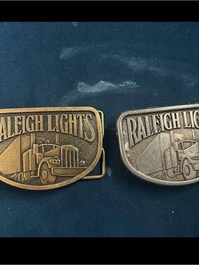 Vtg Pair Raleigh Cigarettes Tobacco Semi Truck Trucking Trucker 80's Belt Buckle